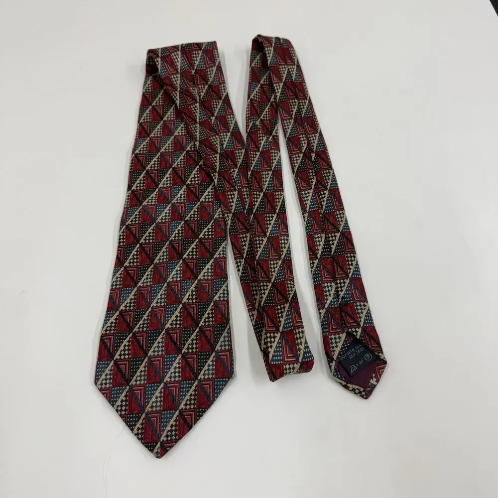 Ermenegildo Zegna Mens Silk Tie Geometric Triangle Burgundy Blue Tan Italy